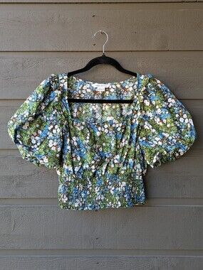 Urban Revivo Ditsy Floral Puff-Sleeve Square Neck Crop Top Blue Green Size 8